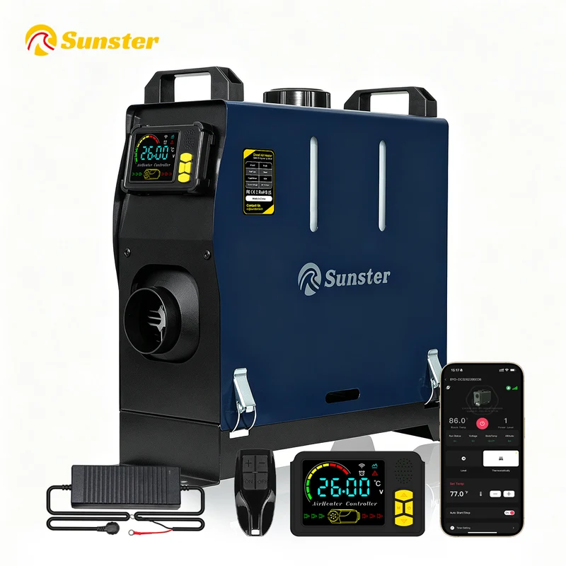 Sunster TR B1 Diesel Heater 2KW 12/24V 110-240V Bluetooth, Vertical All-in-One with 2200BH Panel & 4-Button Remote