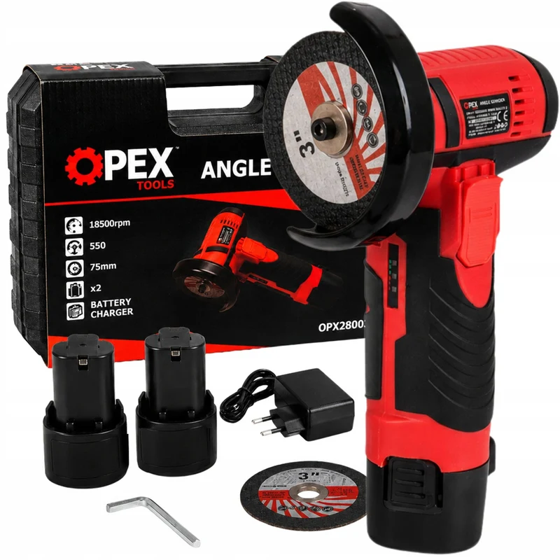 Batterivinkelslip 12V 800W – 75 mm med 2 batterier, 2 skivor och väska