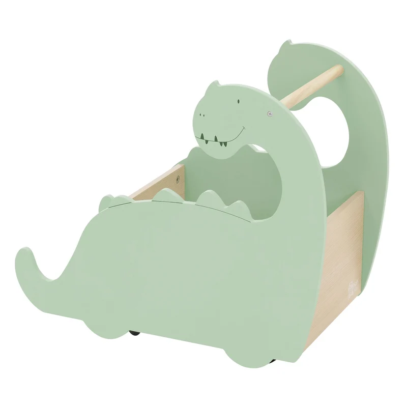 Kinder Spielzeugkiste Dino-Design Beige/Grün auf Rollen aus Holz Joyz