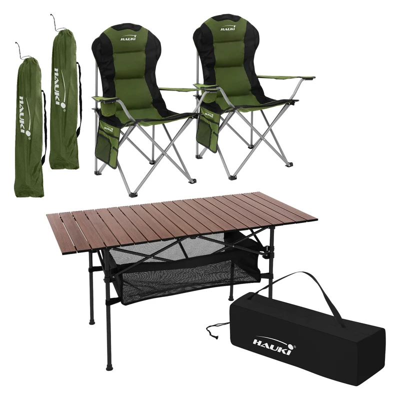 Camping Set 3-teilig mit Klapptisch Braun und 2 Campingstühlen Khaki HAUKI
