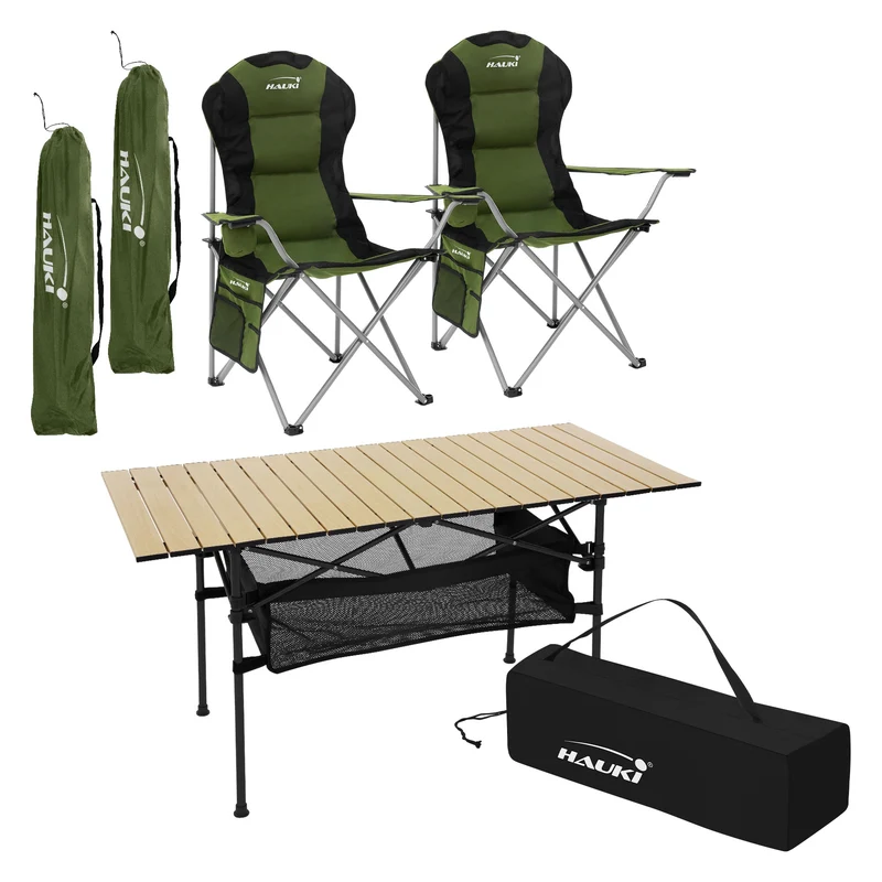 Camping Set 3-teilig mit Klapptisch Beige und 2 Campingstühlen Khaki HAUKI