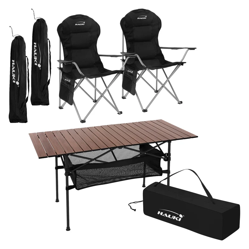 Camping Set 3-teilig mit Klapptisch Braun und 2 Campingstühlen Schwarz HAUKI