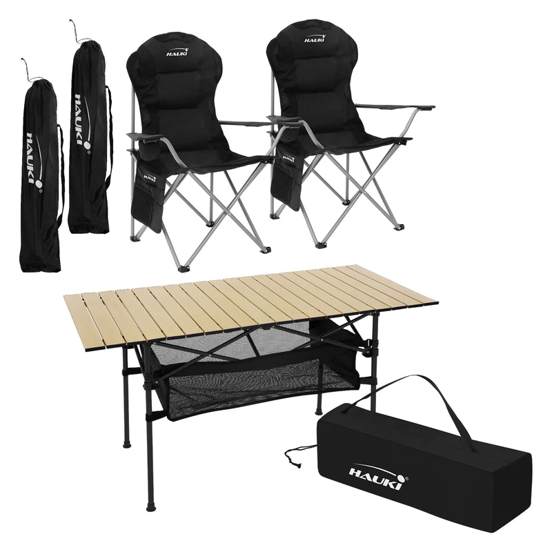 Camping Set 3-teilig mit Klapptisch Beige und 2 Campingstühlen Schwarz HAUKI