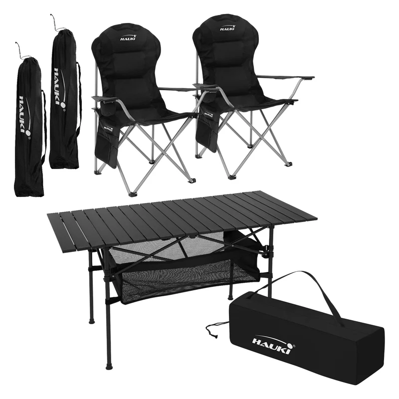Camping Set 3-teilig mit Klapptisch und 2 Campingstühlen Schwarz HAUKI
