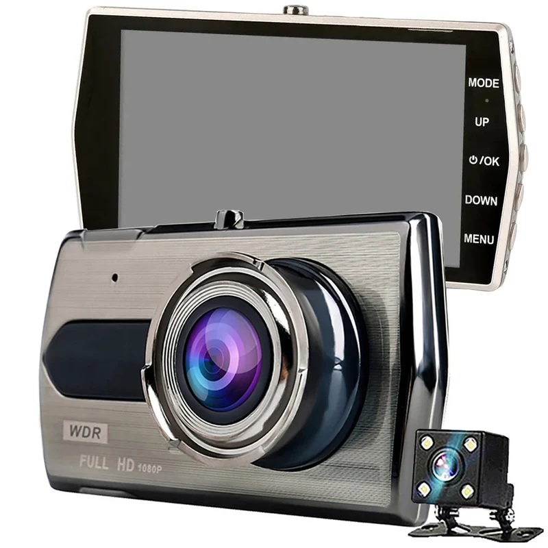 Full HD bilkamera med 4" LCD-skärm och 2 kameror (främre och bakre kamera)