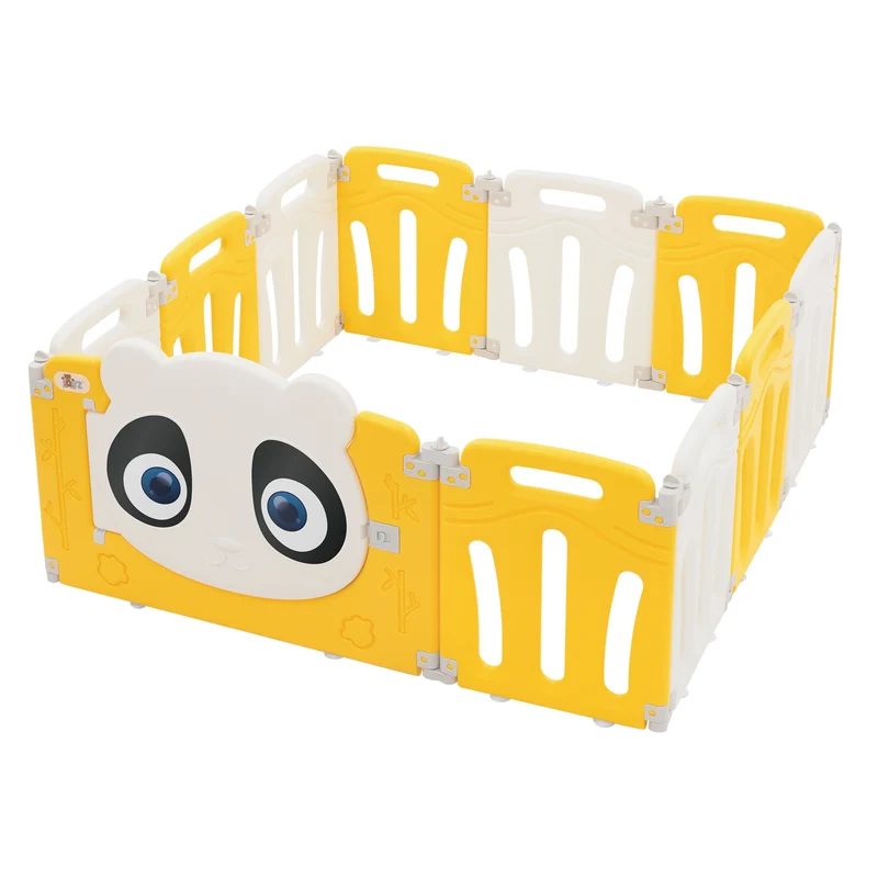 Joyz | Laufgitter Baby Laufstall Faltbar, aus HDPE- und PP-Kunststoff, Weiß-Gelb Panda, Krabbelgitter Babyzaun Kinderlaufstall