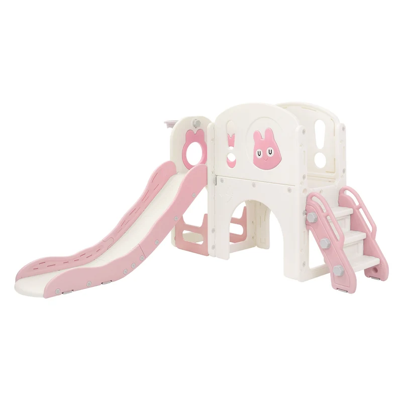 Kinderrutsche mit Spielturm Rosa-Weiß 5in1 mit Basketballkorb und Kletterwand Indoor/Outdoor für Kleinkinder ab 3 Jahren Joyz