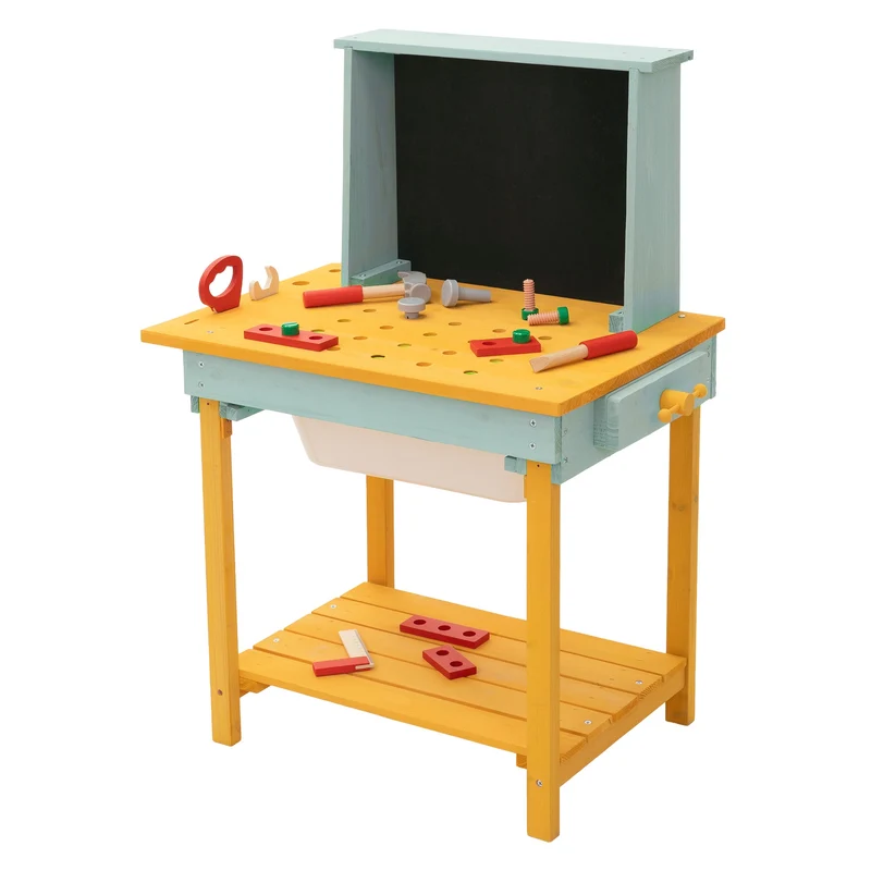 Werkbank Kinder Outdoor aus massivem Tannenholz, Kinderwerkbank mit Tafel, Matschküche und Zubehör, Werkzeugbank Kinder wetterfest Joyz