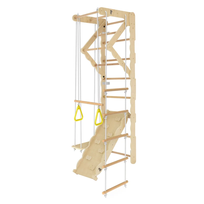 B-Ware Klettergerüst Indoor Sprossenwand für Kinder aus Holz mit Turnringen, Strickleiter, Rutschbrett 6 in 1 ab 3 Jahren