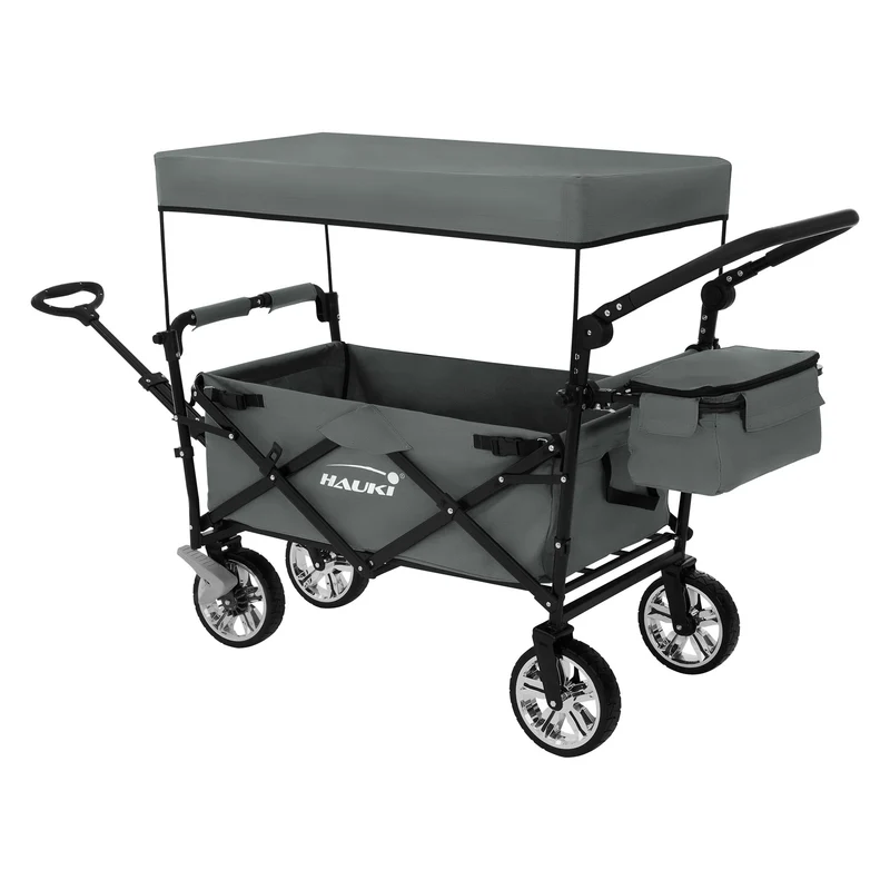 HAUKI | Bollerwagen XXL faltbar mit Dach und Tasche bis 120 kg aus Stahl Grau Transportwagen Handwagen klappbar für Kinder Picknick Garten & Camping