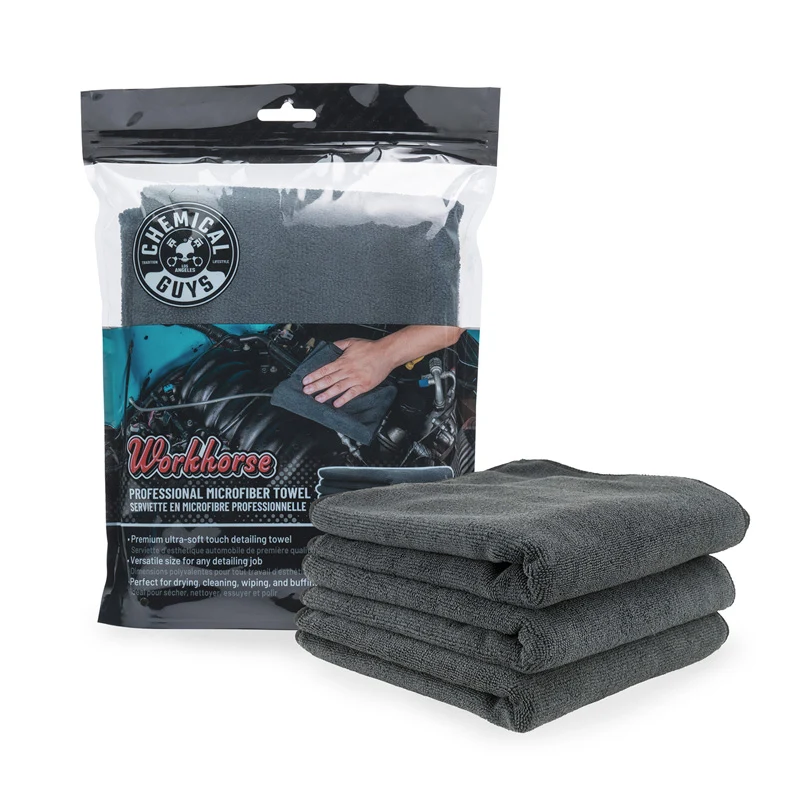 Chemical Guys Workhorse mikrofiberduk av professionell kvalitet (gummi/plast/vinyl) - Svart 16x16'' (3-pack)