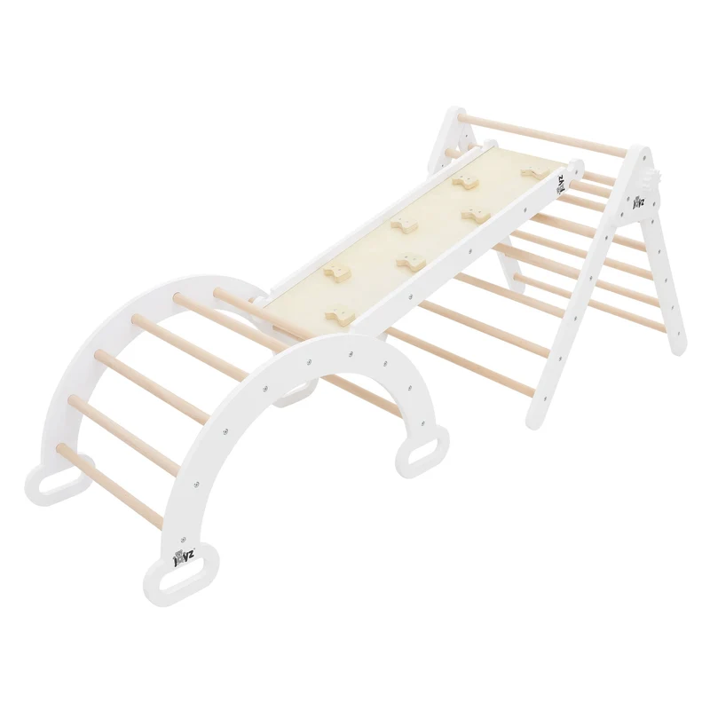 B-Ware Kletterdreieck 3 in 1 Set 188x52x60 cm Natur aus Holz inkl. Rutsche & Kletterbogen Joyz