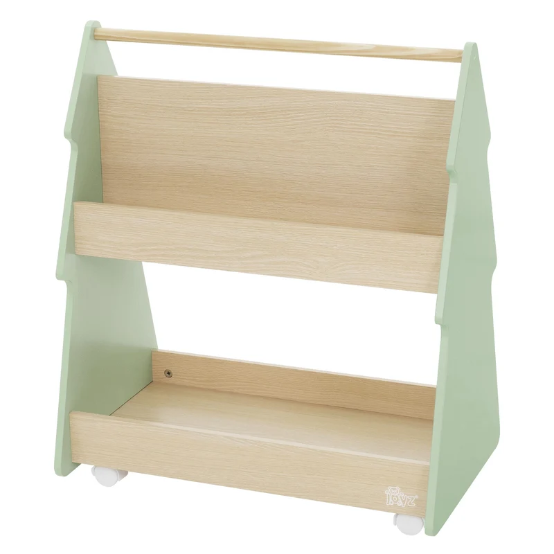 Kinder Bücherregal Tanne-Design Grün/Natur mit Ablagen und Rollen Joyz