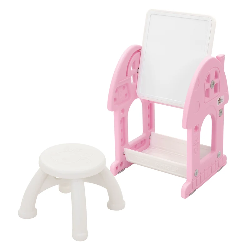 Kindersitzgruppe 2 in 1 Spieltisch mit Tafel und Stuhl Set, HDPE, Weiß-Rosa, Kindertisch und Hocker Joyz