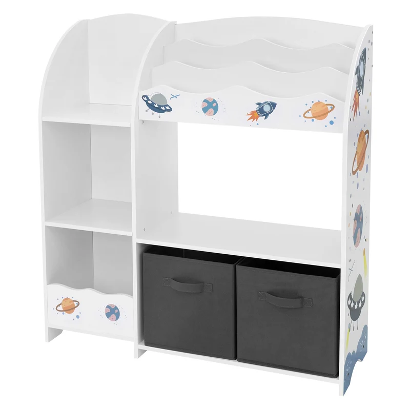 Kinderregal Weltraum-Motiv mit 8 Ablagefächern und 2 abnehmbaren Stoffboxen Weiß aus Holz Joyz