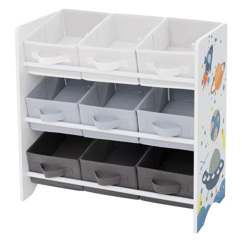 Kinderregal Weltraum-Motiv mit 9 Aufbewahrungsboxen Weiß aus Holz Joyz