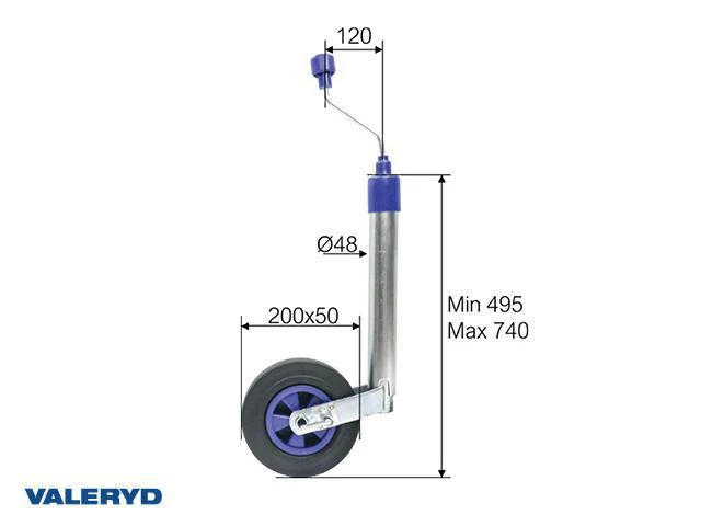Stödhjul Ø48mm Plastfälg Fullgummihjul 200x50 mm med lås. Belastning 150 kg Valeryd