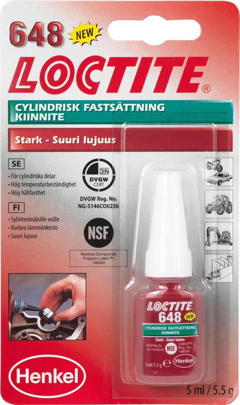 Loctite 648 Cylindrisk Fastlåsning, stark, Högpresterande Cylindrisk Limning för Metallkomponenter - 5 ml