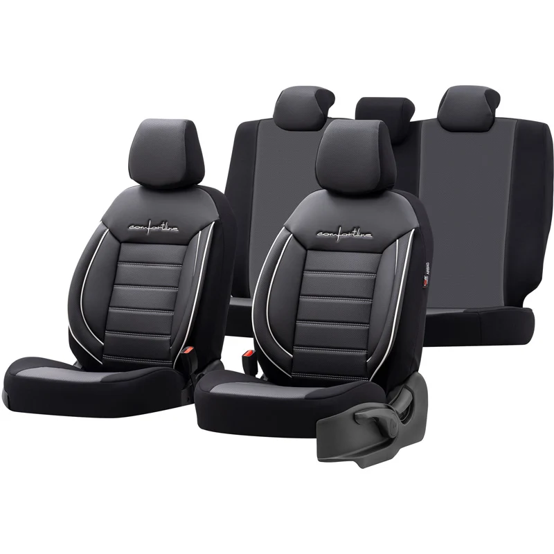 otoM, Universal Överdragsklädsel Set 'Comfortline' - Svart/Grå med vita detaljer - 11 delar - Sidoairbag kompatibel